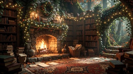 Fototapeta premium Magical stone fireplace in enchanted library. Glowing lights hang on ivy walls near tall bookshelves. Cozy interior with warm fire burning in hearth. Autumn leaves scatter on antique rug among piles
