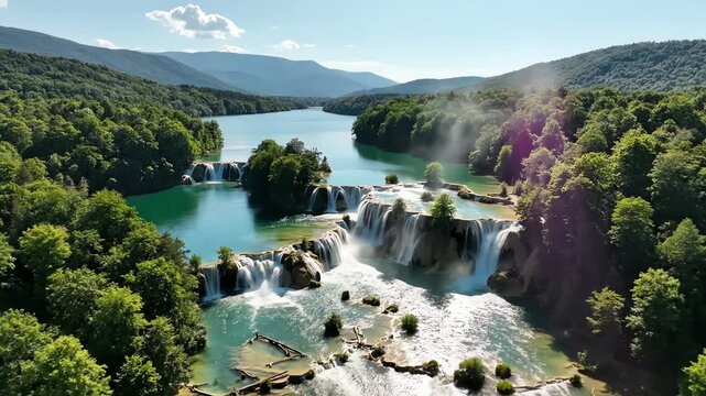Aerial view of turquoise waterfalls cascading through lush green fore&hellip;