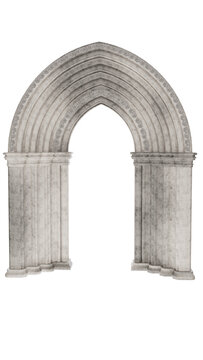 An ancient portal in front of the entrance doors or gates to an ancient building, castle, or temple on a transparent background. An ancient tympanum on a transparent background.