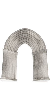 An ancient portal in front of the entrance doors or gates to an ancient building, castle, or temple on a transparent background. An ancient tympanum on a transparent background.