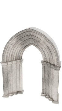 An ancient portal in front of the entrance doors or gates to an ancient building, castle, or temple on a transparent background. An ancient tympanum on a transparent background.