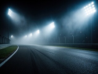 Fototapeta premium Empty race track under bright spotlights at night. Thick fog obscures stadium lights illuminating asphalt course. Dramatic scene creates atmosphere of speed and mystery.