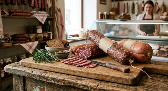 Authentic homemade sausages and salami in a rustic deli