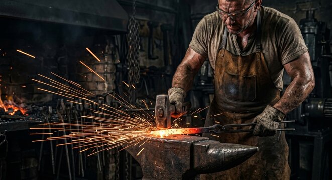 A skilled blacksmith shapes red hot metal with hammer