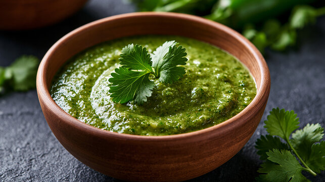Fresh green cilantro chutney served in a clay bowl. Perfect for Indian food blogs or healthy culinary advertising.