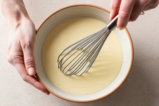 Hands whisking smooth pancake batter in a ceramic bowl, preparing homemade breakfast with a simple baking recipe