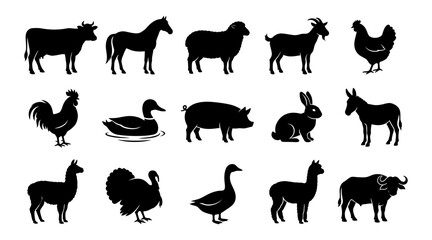 Naklejka premium Set of farm animal silhouettes isolated on white background with livestock silhouette chickens