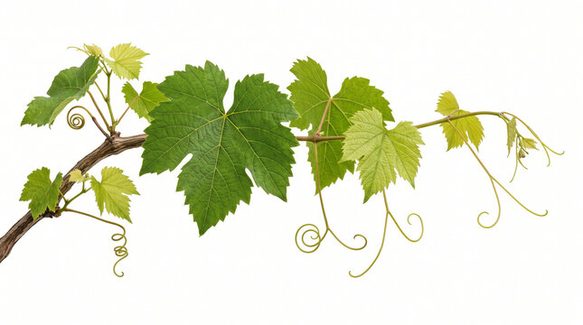 Fresh green grape leaves on a vine branch isolated on white background