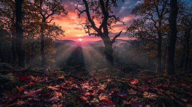 Autumn forest at dawn with sun rays, autumn equinox celebration