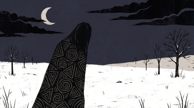 Ancient carved stone monolith with geometric patterns stands in barren snowy landscape under crescent moon for winter folklore.