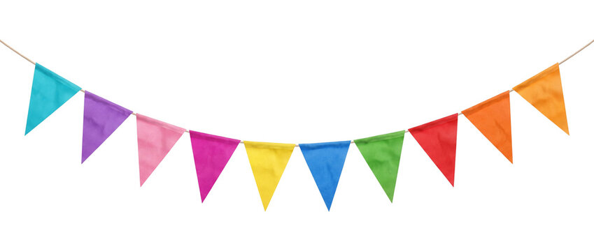 Colorful triangular pennant flags strung isolated on transparent background