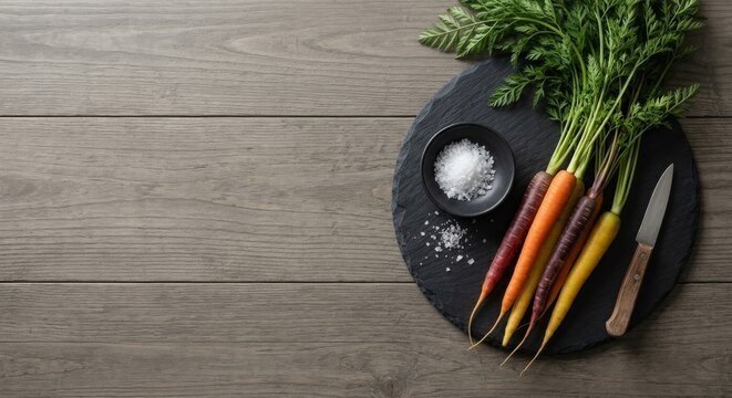 Fresh rainbow carrots with leafy greens on a wooden surface