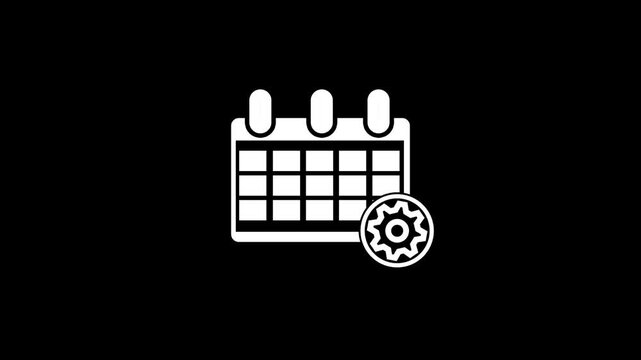 Calendar date, time reminder, and business management schedule icon animation. Daily, weekly, monthly for agenda, plan, event or appointment with gear rotation and clock or hours animated symbol
