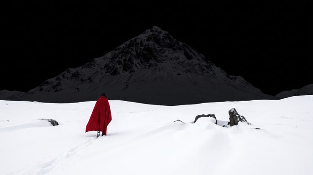 Red-cloaked figure walking in deep snow towards colossal mountain against black sky.