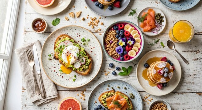 Delicious assortment of healthy breakfast and brunch dishes