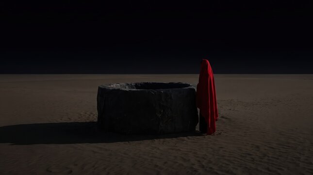 Red-hooded figure standing beside ancient stone well in desolate desert under dark sky.