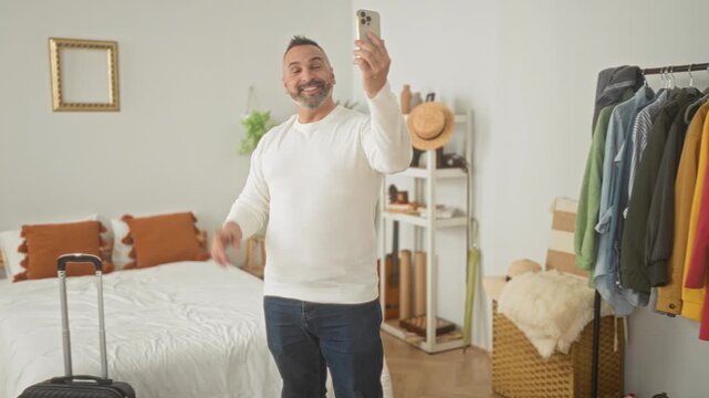 Man flexes arm and films a selfie with smartphone beside suitcase on unmade bed in bedroom, clothing rack and wicker basket visible; excited anticipation travel.