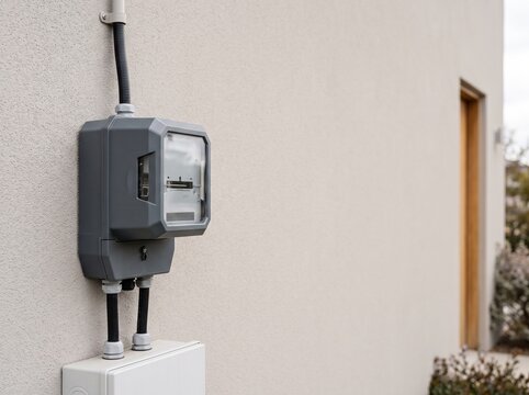 Electric meter box on residential wall, outdoor smart energy monitor, grey utility meter for household power consumption tracking