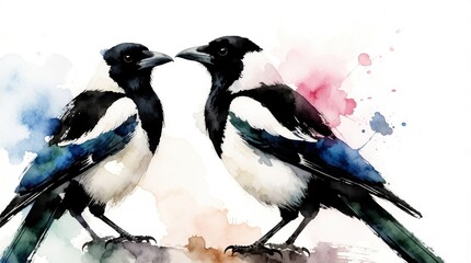 Fototapeta premium Two watercolor magpies face with colorful abstract splashes. Artistic illustration shows pair of birds against white background. Delicate painting style creates elegant, whimsical avian art.