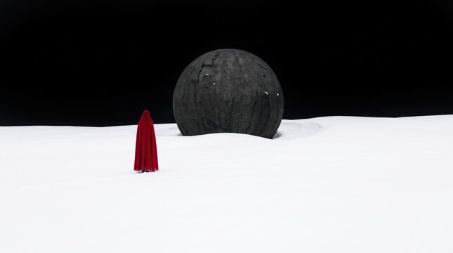 Minimalist red hooded figure facing massive dark stone sphere on flat white snowy arctic landscape.