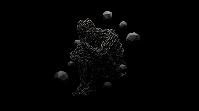 Crouching human figure made of heavy metal chains surrounded by floating geometric stone polyhedrons.