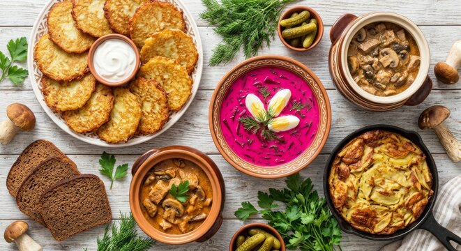 Traditional belarusian cuisine spread with draniki and borsch