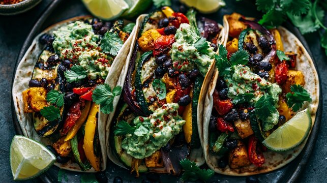 Vegan tacos filled with grilled vegetables, black beans, avocado crema, fresh cilantro, and lime wedges