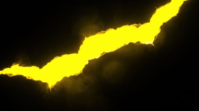 Glowing bright yellow lightning crack isolated on black background for digital graphic design project.