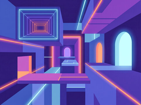 Abstract futuristic neon architectural interior background with geometric 3D shapes, glowing lines, and synthwave cyber aesthetic