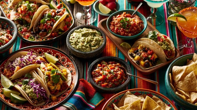 Top view of a vibrant Tex-Mex party spread with tacos, dips, chips, cocktails and colorful table decorations for a festive social gathering