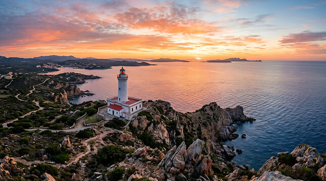 Ancient stone lighthouse standing on rugged coastal cliffs at sunset.