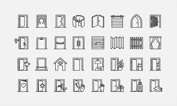 Open door line art icon set vector illustration