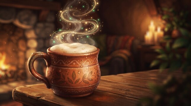 Ceramic mug with hot drink in hobbit style, cozy atmosphere, decorated with magical steam