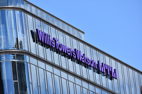 Willis Towers Watson WTW logo, signage on the facade, business management consulting, insurance, pensions, and retirement planning. WARSAW, POLAND - AUGUST 8, 2026