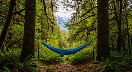 Hammock between tall fir trees in a peaceful forest with warm sunlight, where relaxation and nature therapy help restore calm and focus during summer days © koso