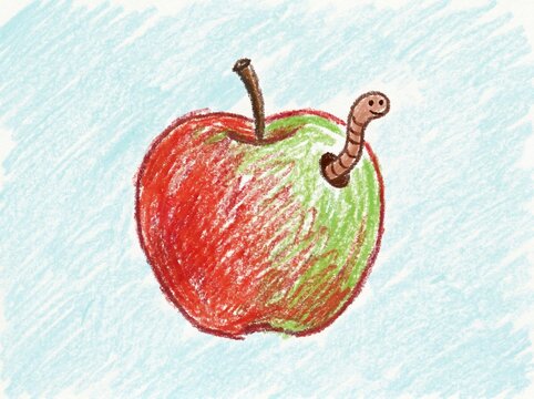 Crayon drawing of a red apple with a cute worm peeking out childhood whimsical