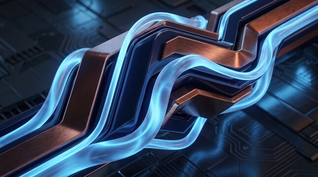 Glowing blue fiber optic cables integrated into dark metallic circuit board design.