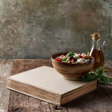 Blank cookbook mockup with a Mediterranean salad, olive oil and fresh basil on a rustic wooden table, ideal for recipe book branding