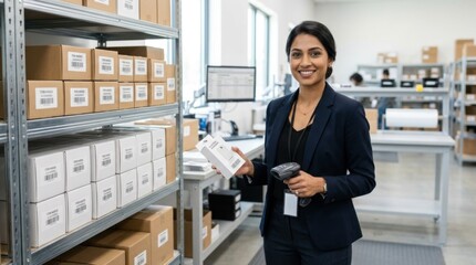 Fototapeta premium Professional South Asian female pharmacist holding prescription medication in modern pharmacy
