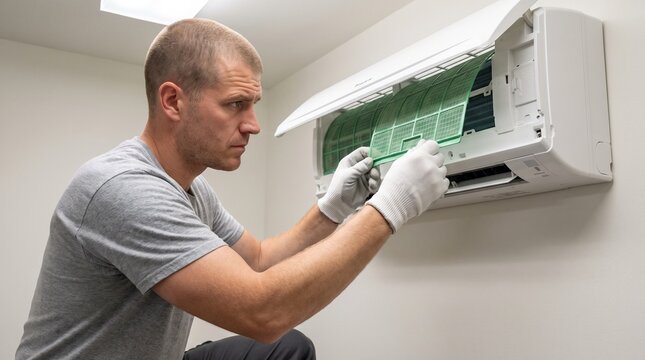  air conditioning Professional technician performing maintenance on a residential wall mounted air conditioning unit
