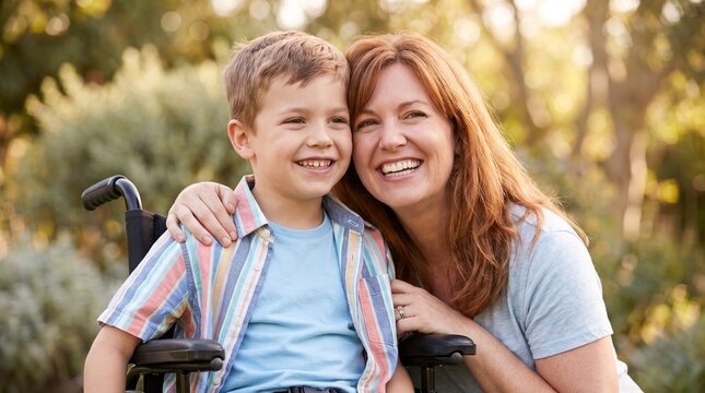 Happy mother and son in wheelchair smiling outdoors in sunny park