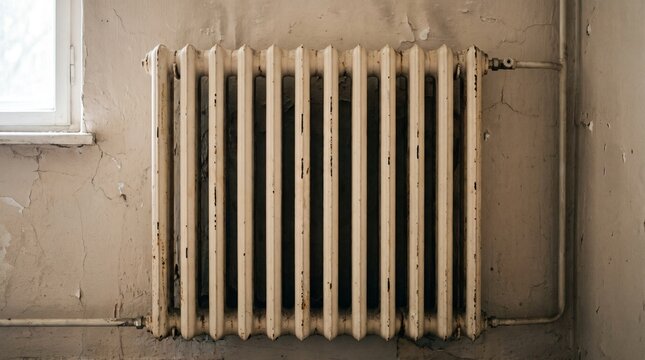 Old cast iron radiator mounted on a textured wall in a vintage interior