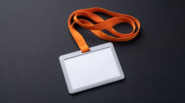 Blank white ID badge with orange lanyard on dark background for corporate branding