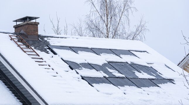 Snow covered solar panels on a residential roof in winter
