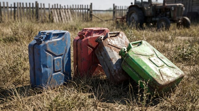 Vintage metal fuel canisters in rural farm setting