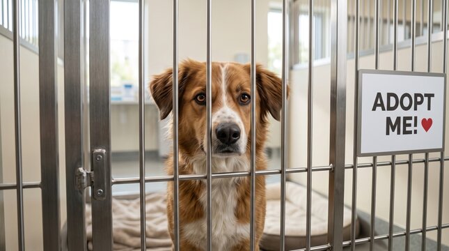 Dog waiting for adoption behind a shelter gate with an "Adopt Me" sign, animal welfare, pet adoption, homeless animals, compassion