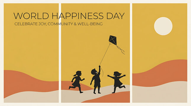 World happiness day minimalist poster with kids flying a kite on sunset hills