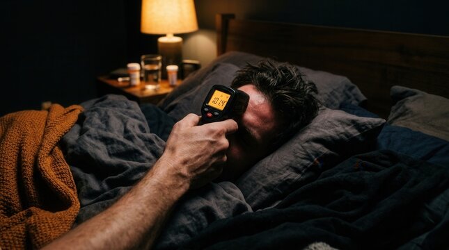 Man In Bed Checks Temperature With Infrared Thermometer At Night