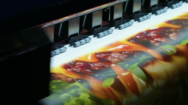 Wide format printer prints on sheet of paper. Multiple nozzles move across it. Intricate patterns cover the surface