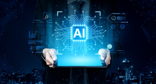 A futuristic AI core processor and system analytics dashboard. This concept highlights the raw processing power of AI for deep data analysis, system diagnostics, and global network monitoring. Fermion